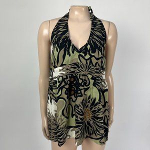 MANUHEALII Women's Tank top Large Rayon Green Black Hawaiian Floral Print G3-3